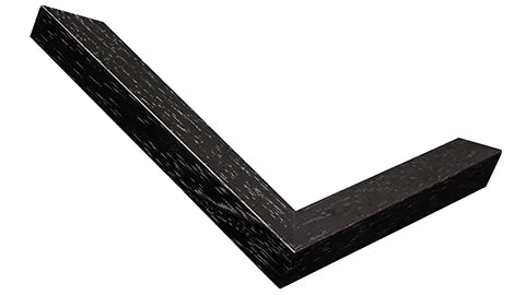 Corner of the black stained wood frame, with the grain showing through