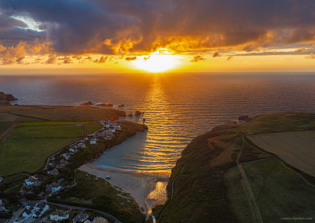 Aerial photograph of Porthcothan Bay at autumn sunset, one of the Cornwall prints available from A4 to A0