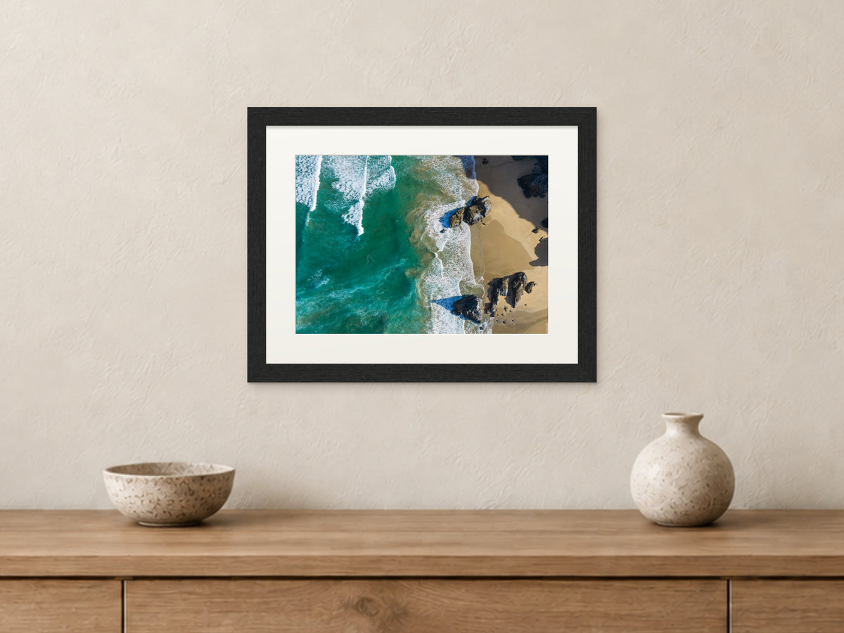 Bedruthan — Textures — A4 framed, 22mm black stained frame and 35mm mount. Closer product view.