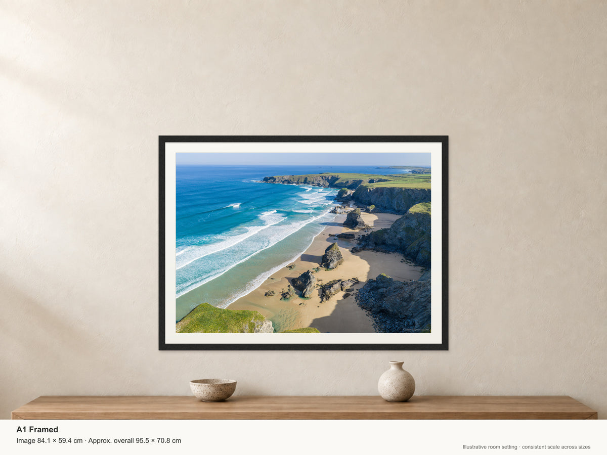 Bedruthan Steps A1 framed print shown at room scale
