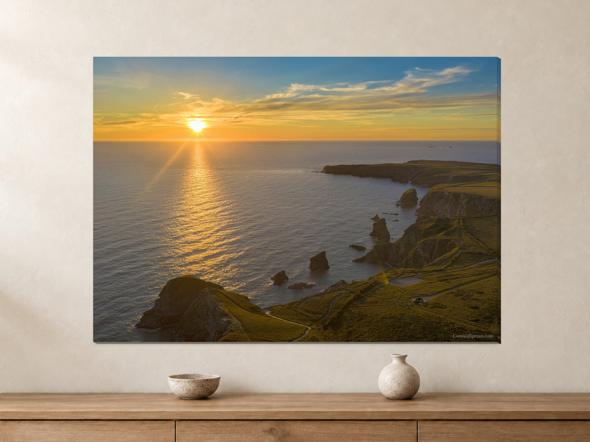 Bedruthan Steps — High Tide Sunset — A0 canvas, 38mm-deep canvas with mirrored edges. Closer product view.
