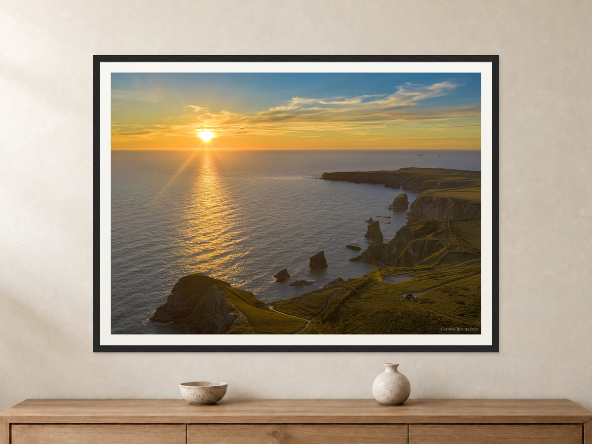Bedruthan Steps — High Tide Sunset — A0 framed, 22mm black stained frame and 35mm mount. Closer product view.