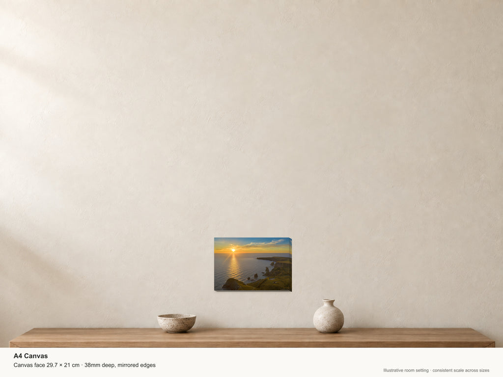 Bedruthan Steps — High Tide Sunset — A4 canvas, 38mm-deep canvas with mirrored edges. Illustrative room scale and dimensions.