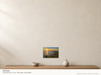 Bedruthan Steps — High Tide Sunset — A4 canvas, 38mm-deep canvas with mirrored edges. Illustrative room scale and dimensions.
