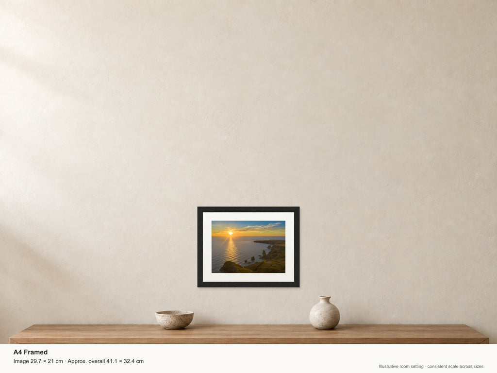 Bedruthan Steps — High Tide Sunset — A4 framed, 22mm black stained frame and 35mm mount. Illustrative room scale and dimensions.