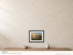 Bedruthan Steps — High Tide Sunset — A4 framed, 22mm black stained frame and 35mm mount. Illustrative room scale and dimensions.