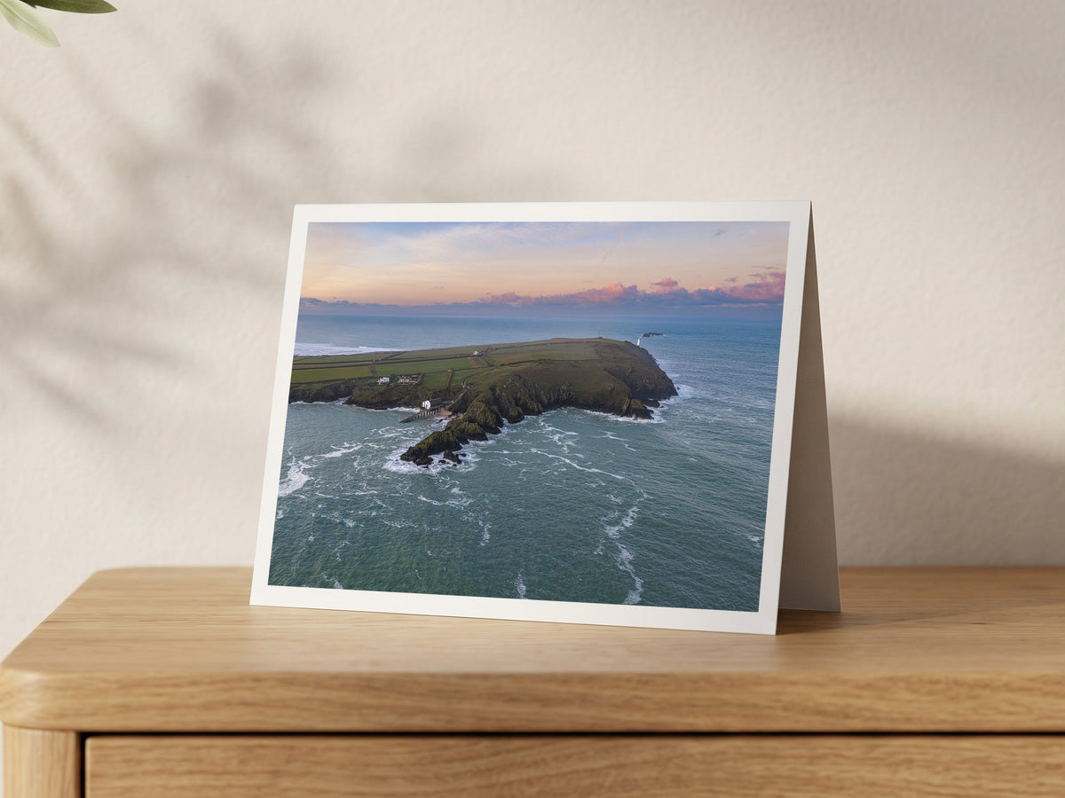 Premium A5 greeting card showing Trevose Head lighthouse and the lifeboat station under a soft winter sky