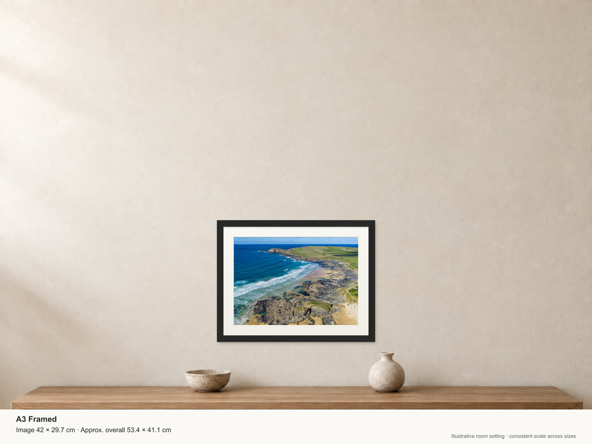 Booby’s Bay — Autumn Surf Below Trevose Head — A3 framed, 22mm black stained frame and 35mm mount. Illustrative room scale and dimensions.