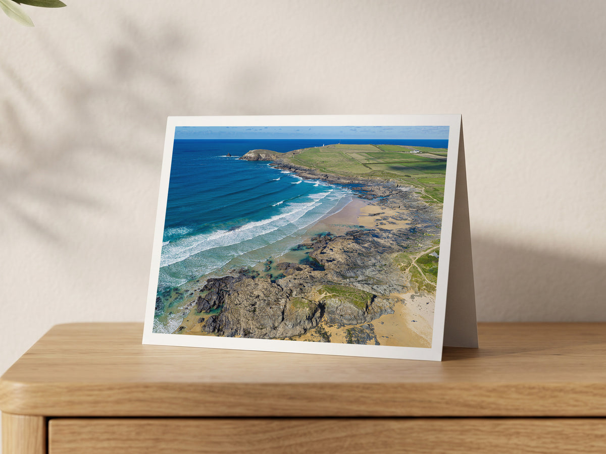 Premium A5 greeting card showing surf, rock pools and the Trevose Head lighthouse at Booby’s Bay