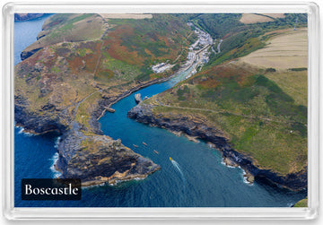 Boscastle fridge magnet showing an aerial view of the harbour inlet and village