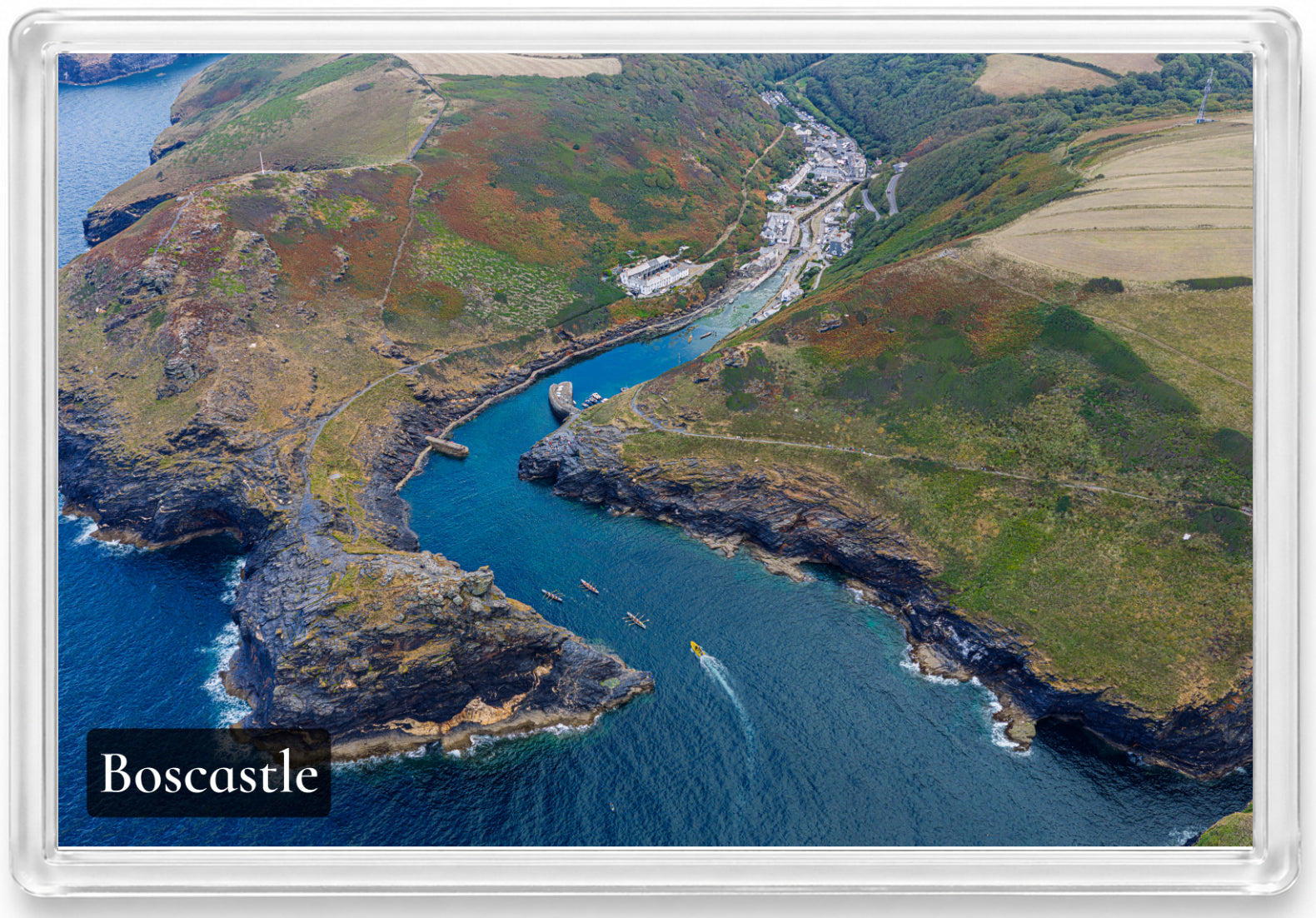 Boscastle fridge magnet showing an aerial view of the harbour inlet and village