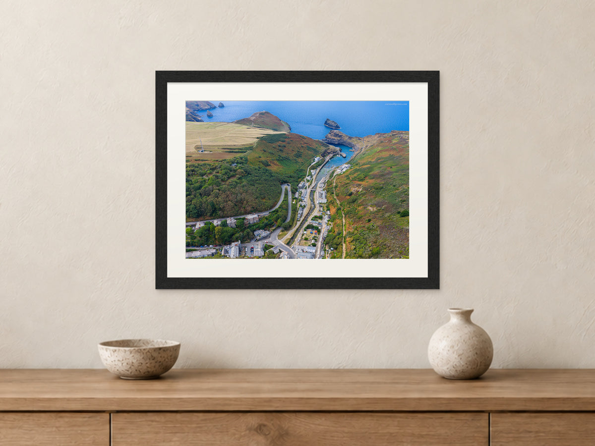 Boscastle — Harbour Valley and Forrabury Stitches — A3 framed, 22mm black stained frame and 35mm mount. Closer product view.