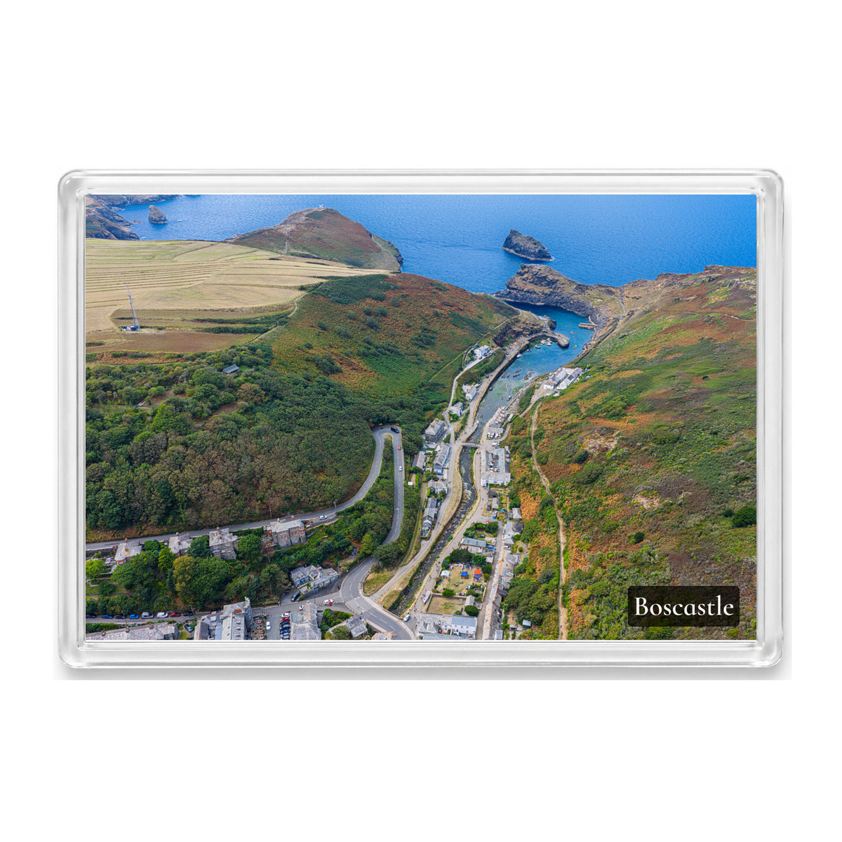 Boscastle fridge magnet showing the Valency Valley, village and harbour leading to the Atlantic with the Forrabury Stitches strip fields