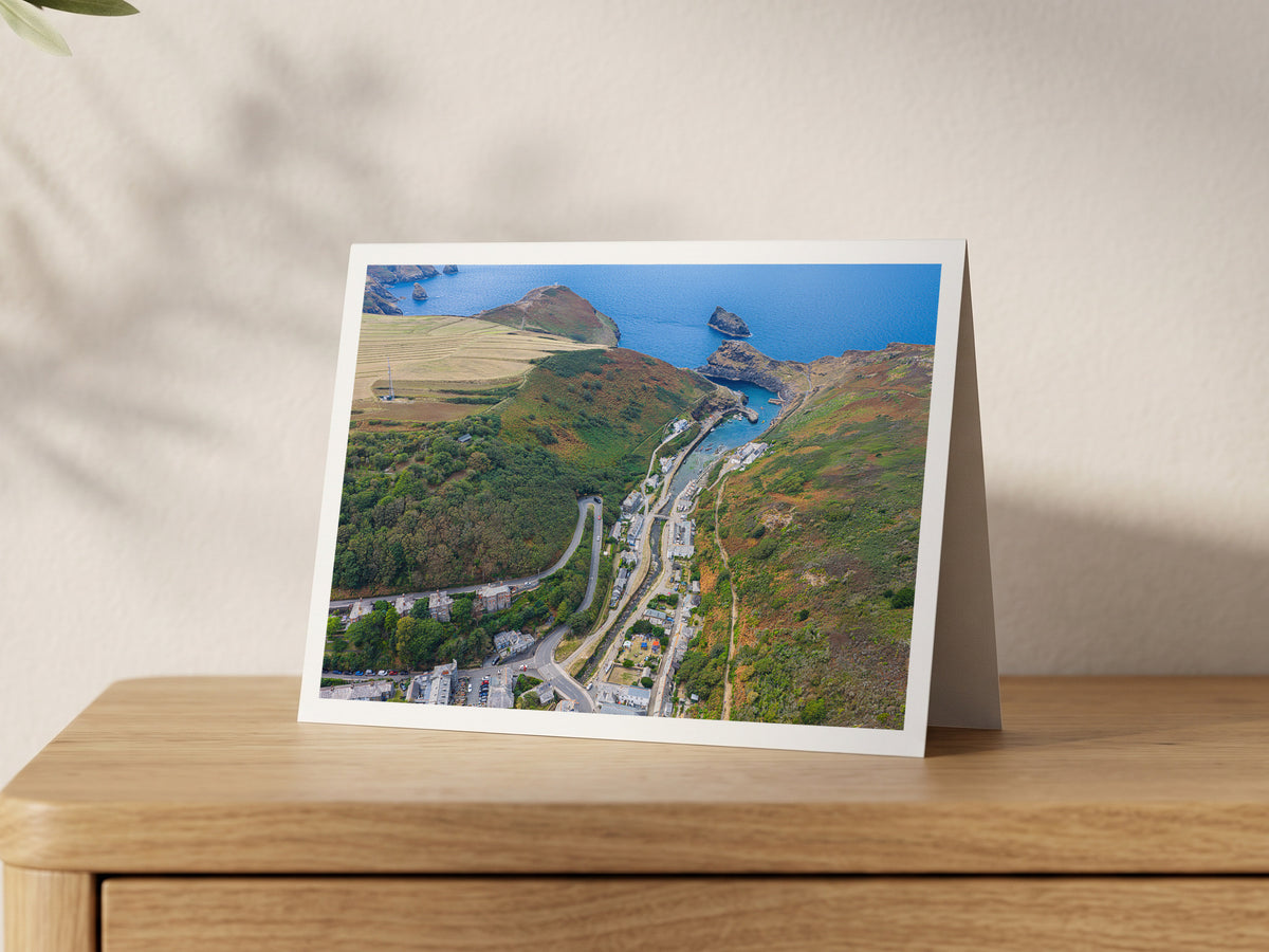 Premium A5 greeting card showing Boscastle village and harbour running down the Valency Valley to the blue Atlantic