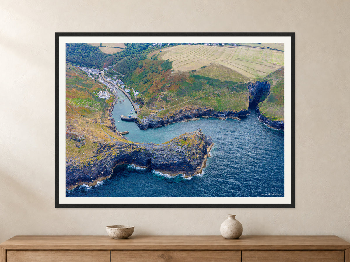 Boscastle Harbour — Entrance Between the Headlands — A0 framed, 22mm black stained frame and 35mm mount. Closer product view.