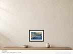 Boscastle Harbour — Entrance Between the Headlands — A4 framed, 22mm black stained frame and 35mm mount. Illustrative room scale and dimensions.