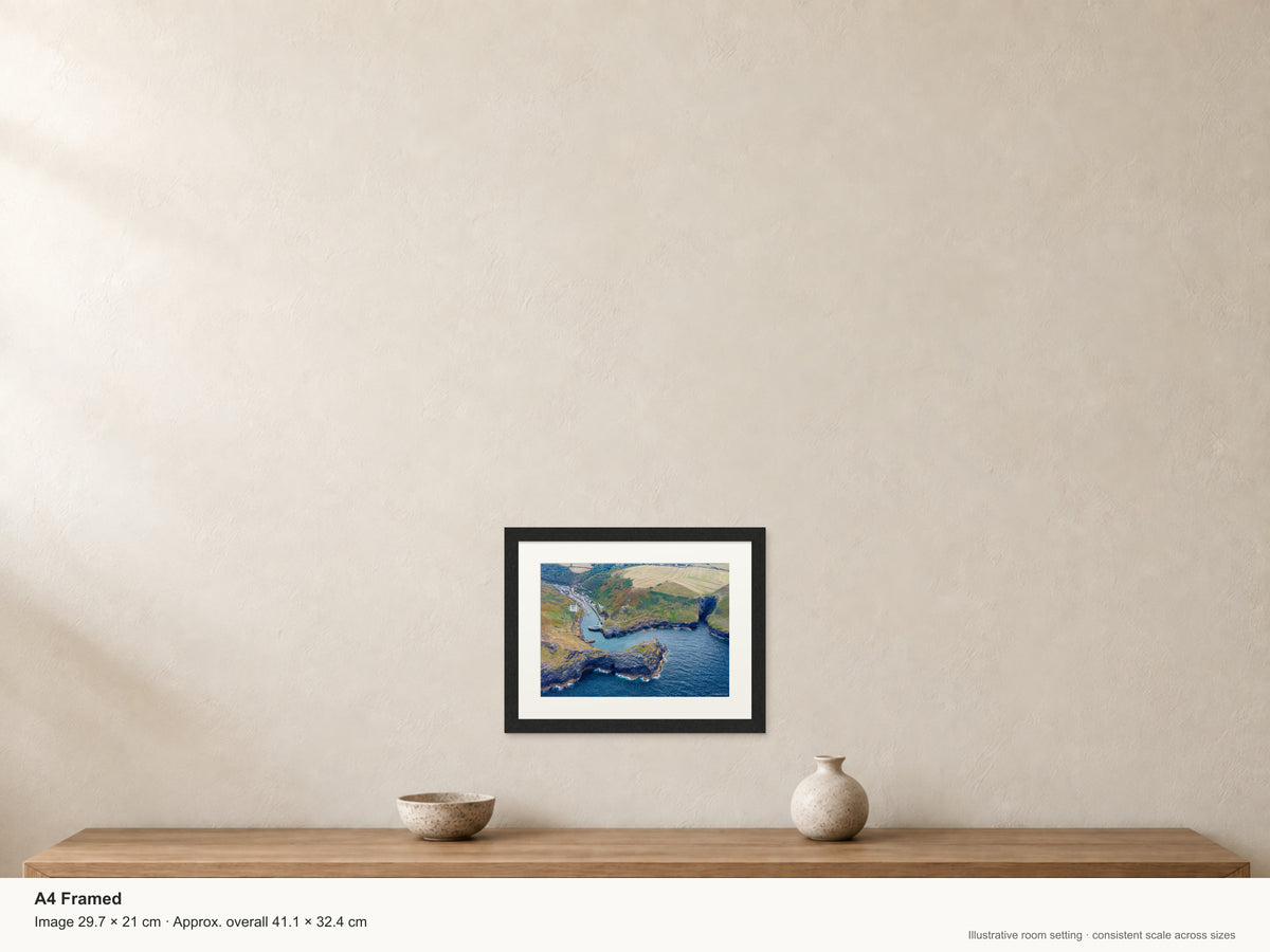Boscastle Harbour — Entrance Between the Headlands — A4 framed, 22mm black stained frame and 35mm mount. Illustrative room scale and dimensions.