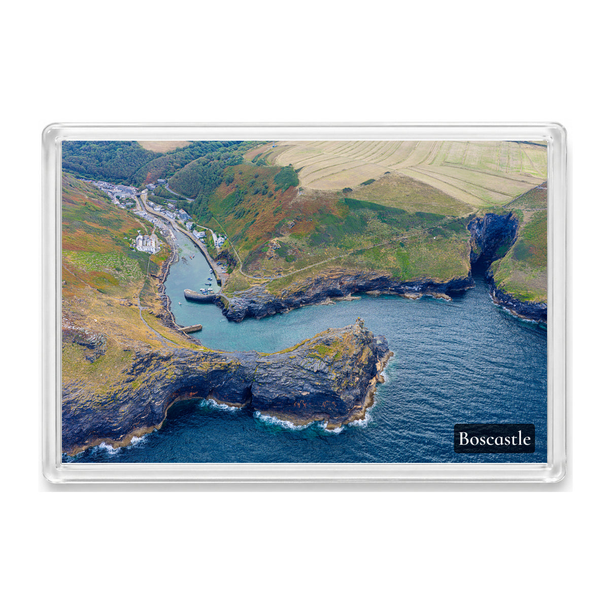 Boscastle fridge magnet showing the harbour entrance between rugged headlands with clear blue water, boats and the Valency Valley