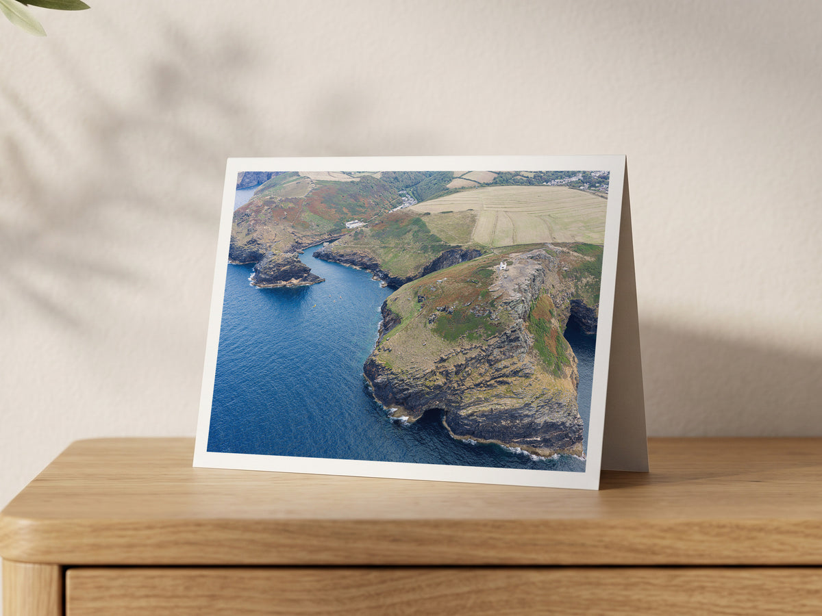 Premium A5 greeting card showing the white lookout on Willapark above deep blue water at the entrance to Boscastle Harbour