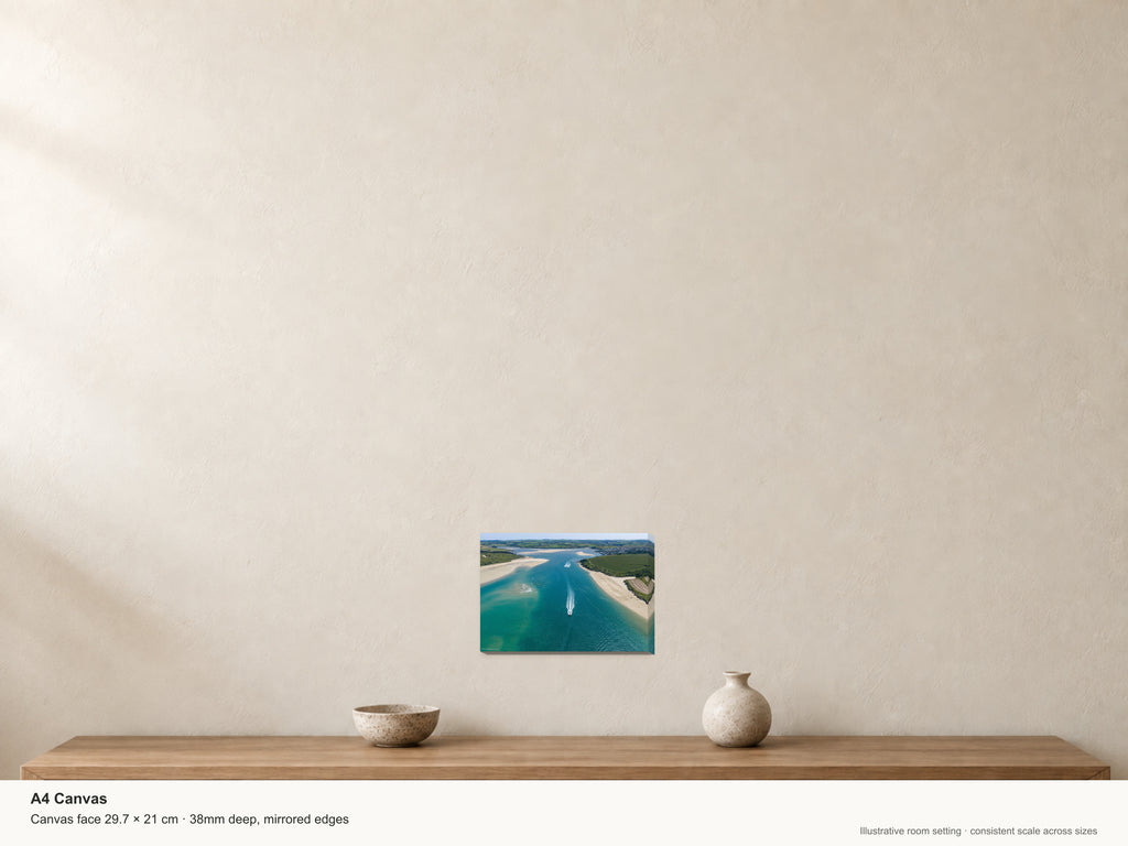 Camel Estuary — Summer Passage — A4 canvas, 38mm-deep canvas with mirrored edges. Illustrative room scale and dimensions.