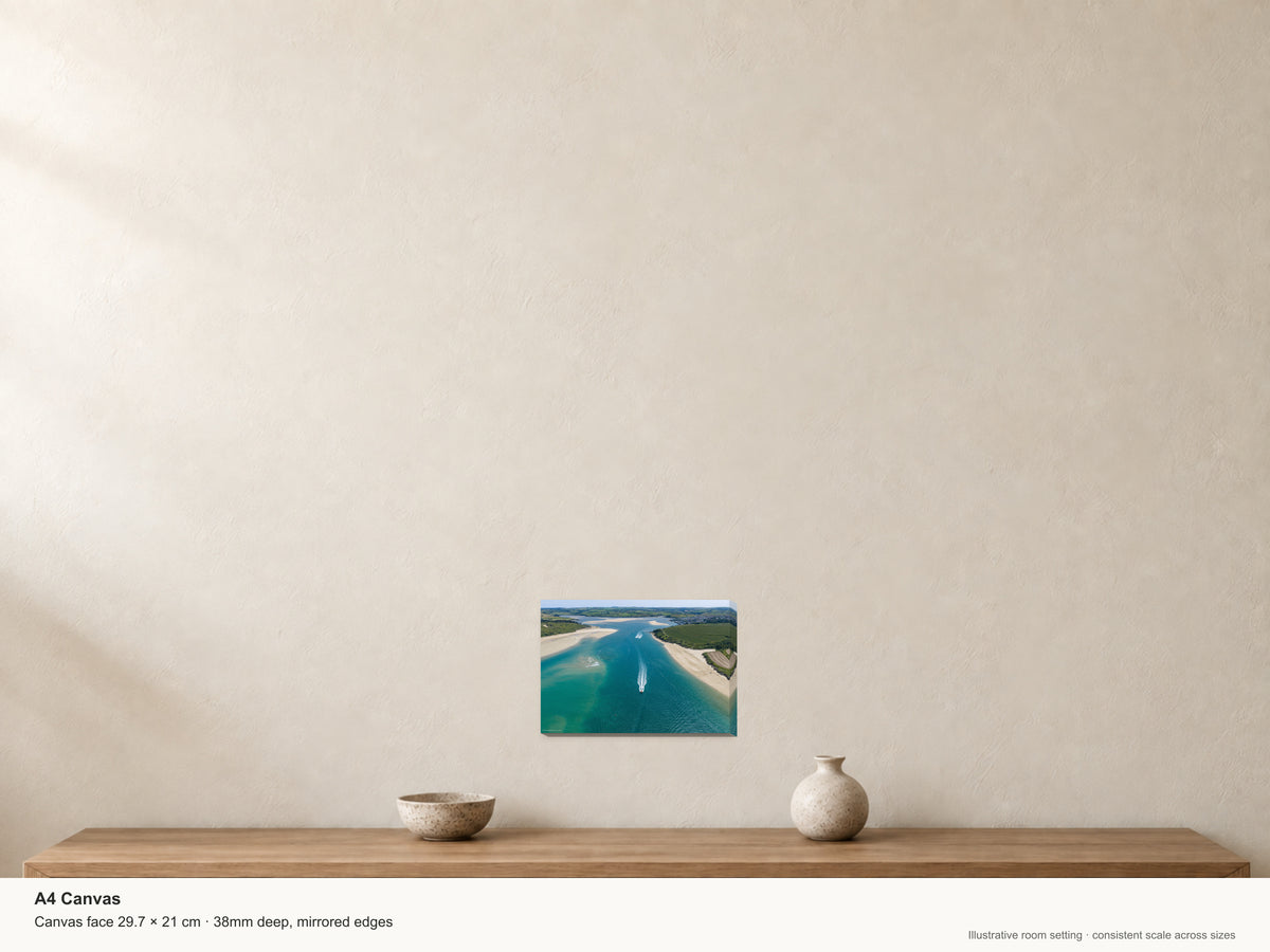 Camel Estuary — Summer Passage — A4 canvas, 38mm-deep canvas with mirrored edges. Illustrative room scale and dimensions.