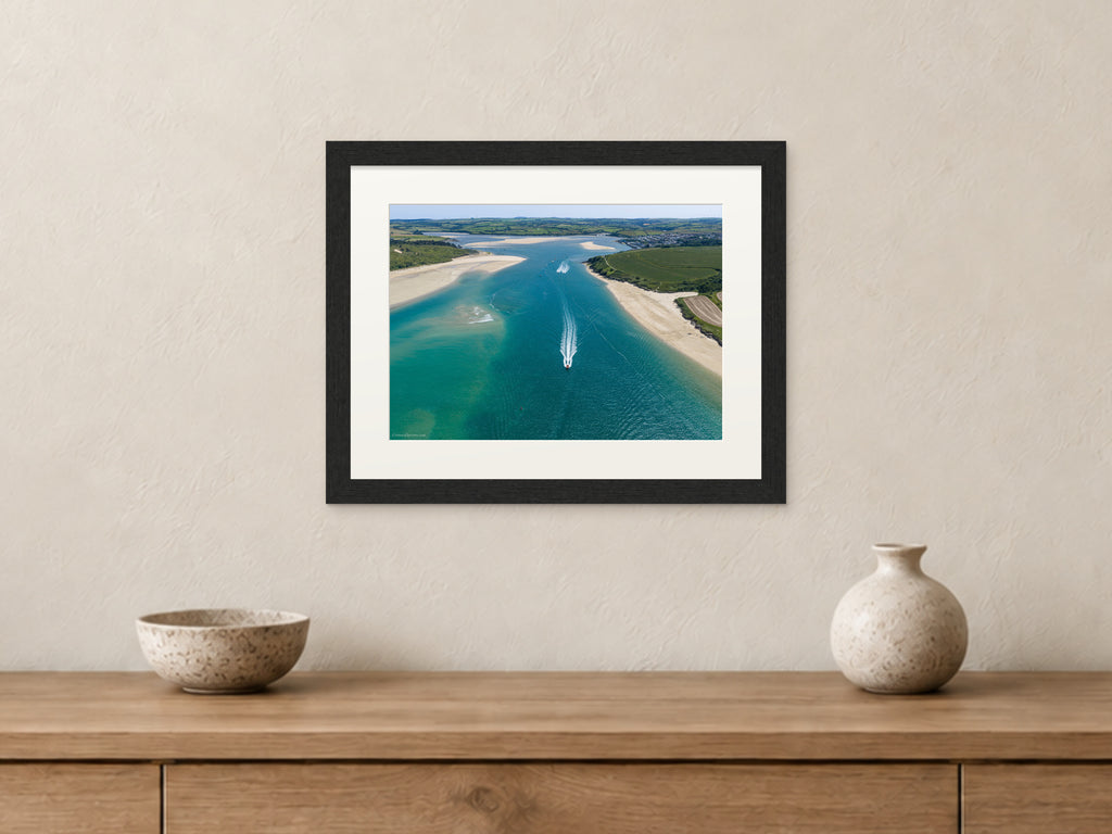 Camel Estuary — Summer Passage — A4 framed, 22mm black stained frame and 35mm mount. Closer product view.