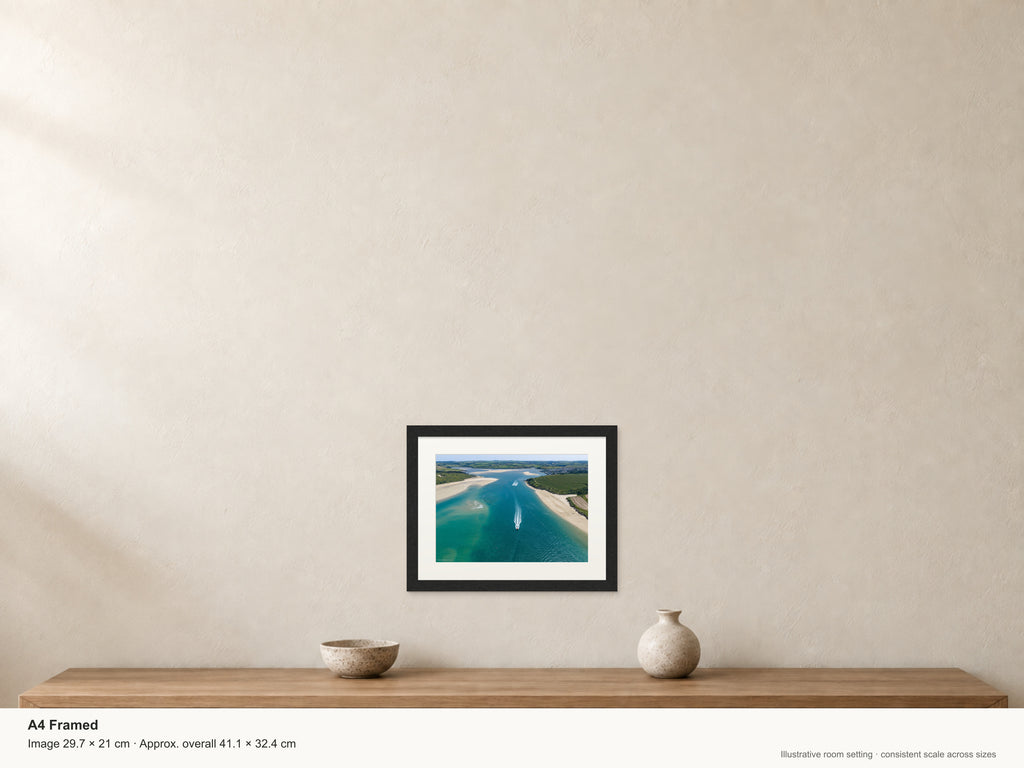 Camel Estuary — Summer Passage — A4 framed, 22mm black stained frame and 35mm mount. Illustrative room scale and dimensions.