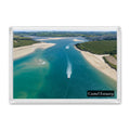 Camel Estuary fridge magnet showing three boats powering through blue channels between Daymer Bay and Harbour Cove