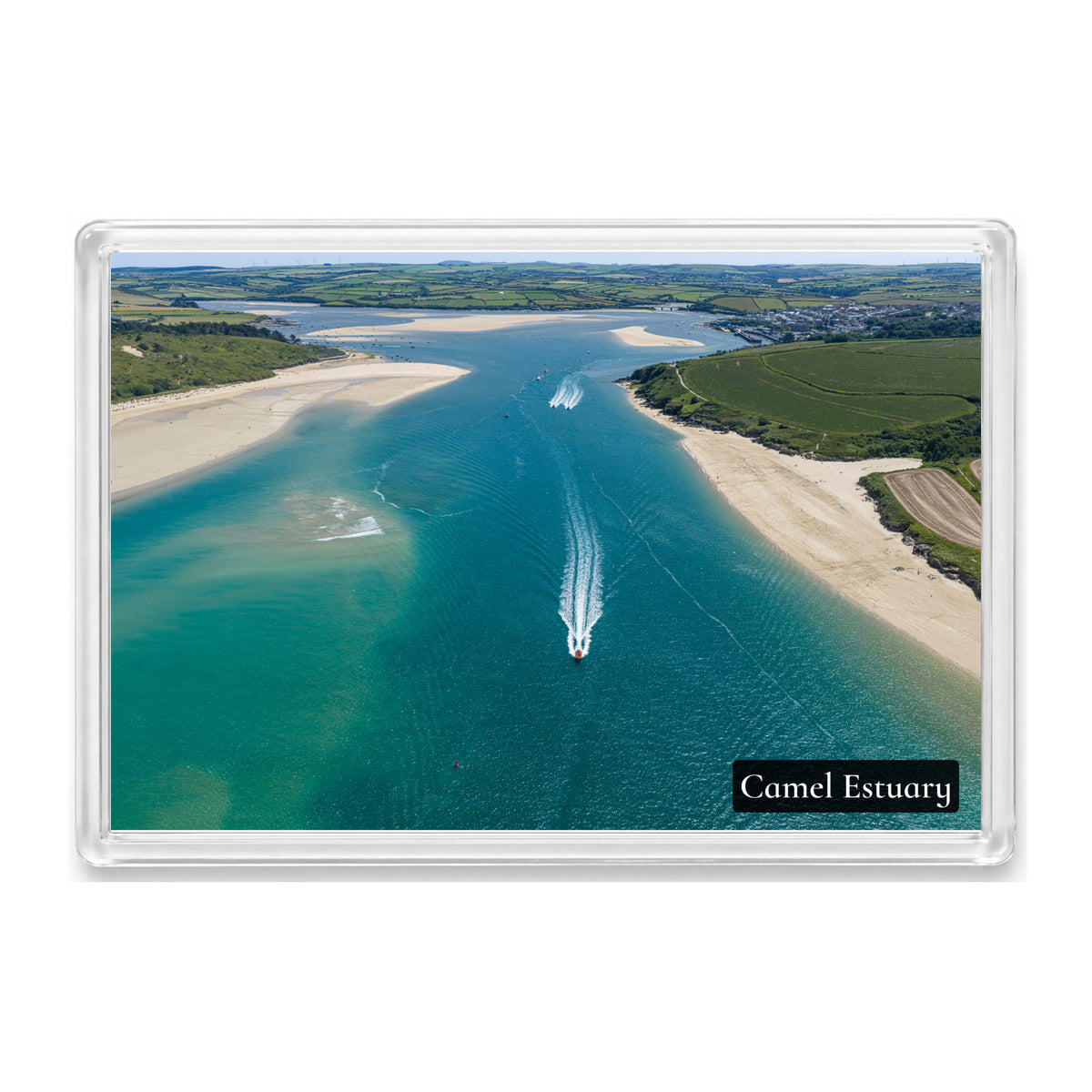 Camel Estuary fridge magnet showing three boats powering through blue channels between Daymer Bay and Harbour Cove