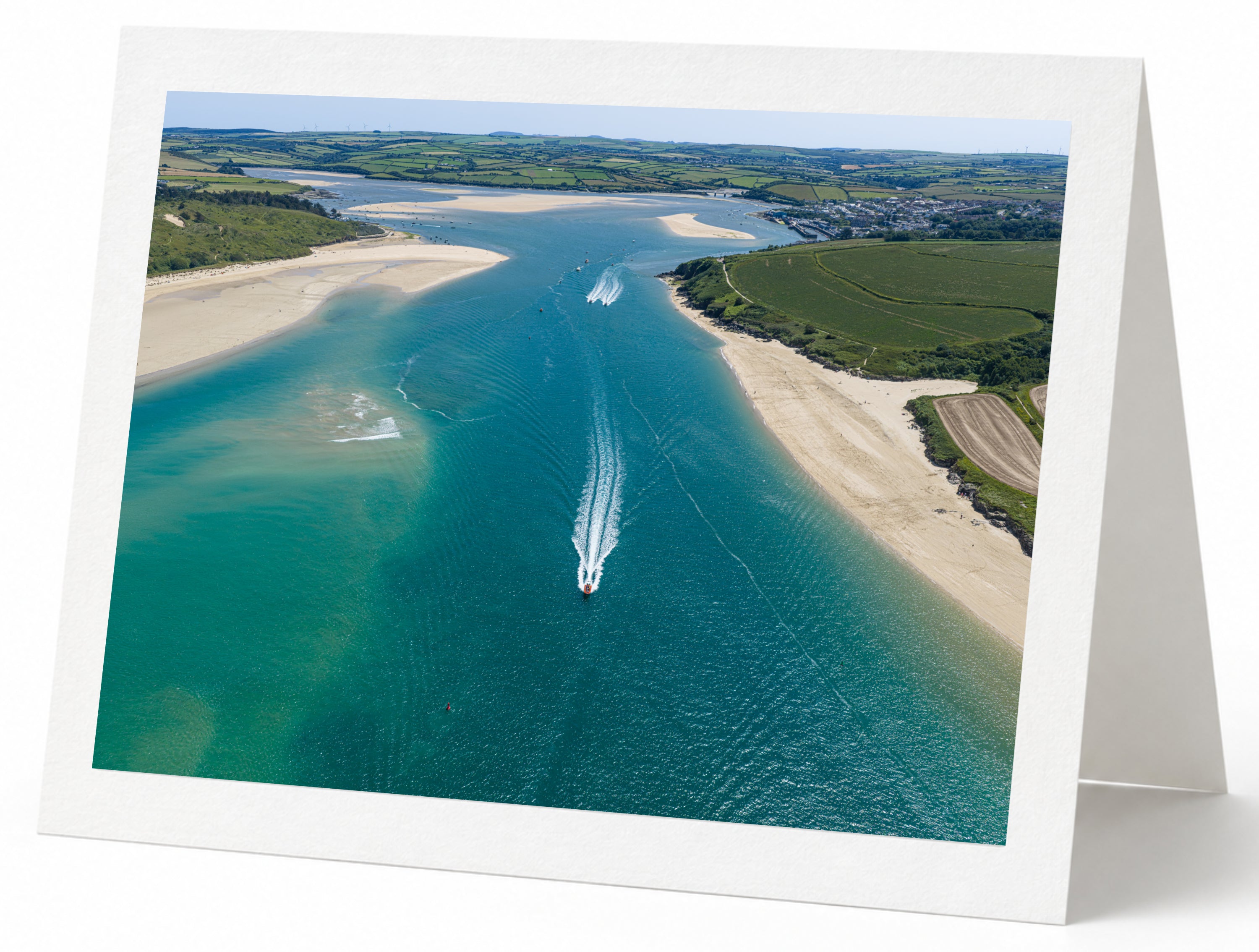 Premium A5 greeting card showing boats travelling through the blue Camel Estuary