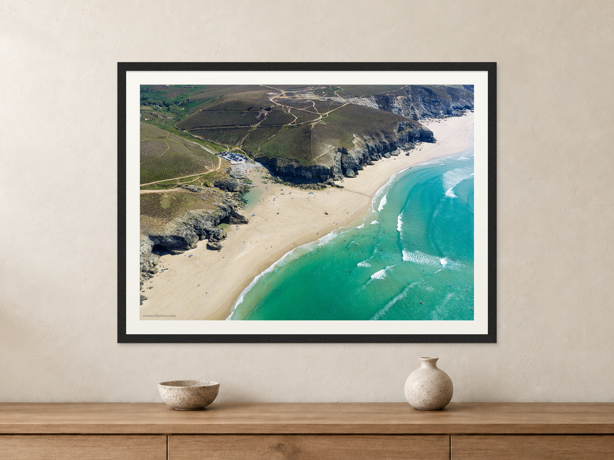 Chapel Porth — Low Tide Summer Swell — A1 framed, 22mm black stained frame and 35mm mount. Closer product view.