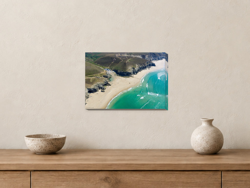 Chapel Porth — Low Tide Summer Swell — A4 canvas, 38mm-deep canvas with mirrored edges. Closer product view.