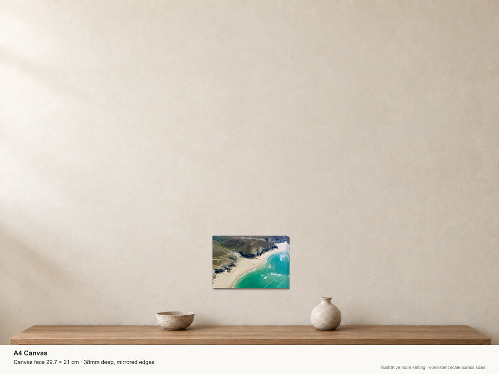Chapel Porth — Low Tide Summer Swell — A4 canvas, 38mm-deep canvas with mirrored edges. Illustrative room scale and dimensions.