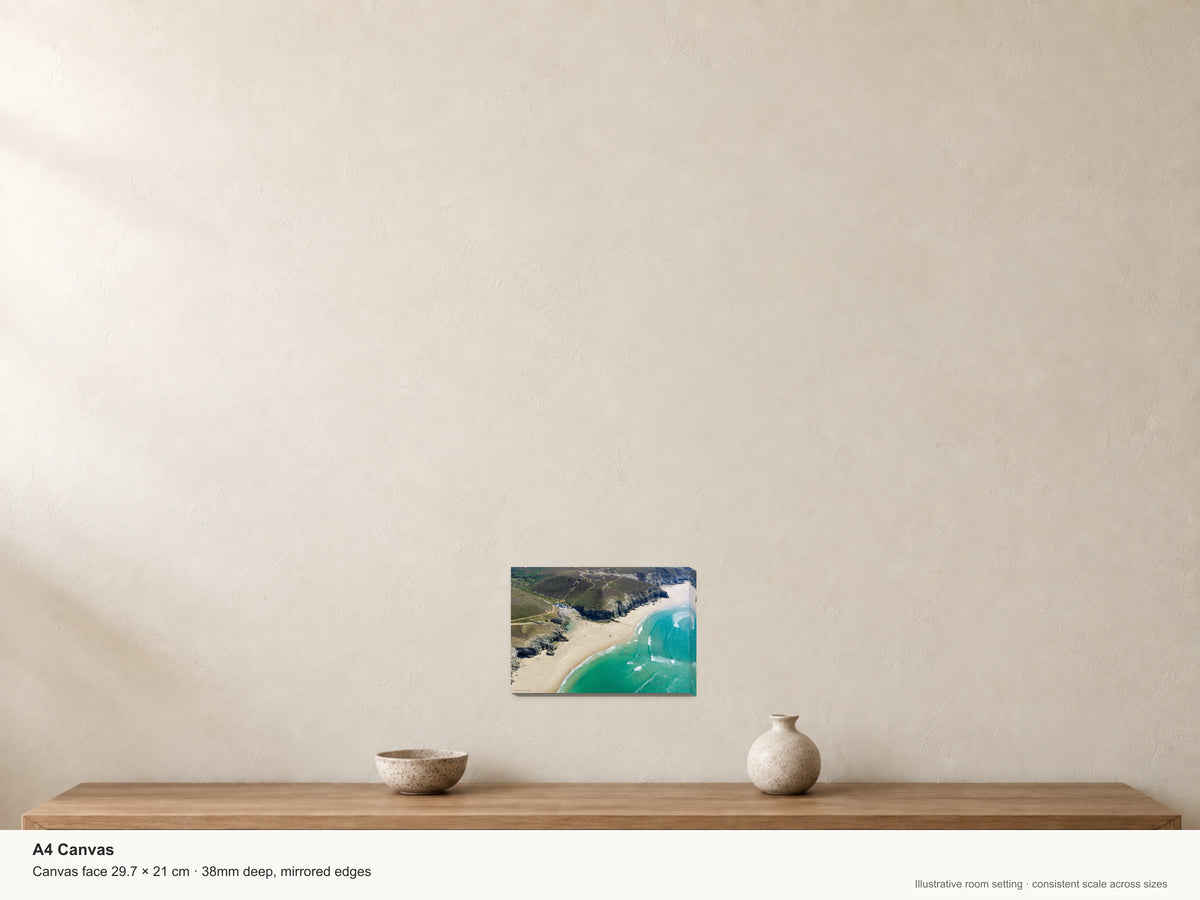 Chapel Porth — Low Tide Summer Swell — A4 canvas, 38mm-deep canvas with mirrored edges. Illustrative room scale and dimensions.
