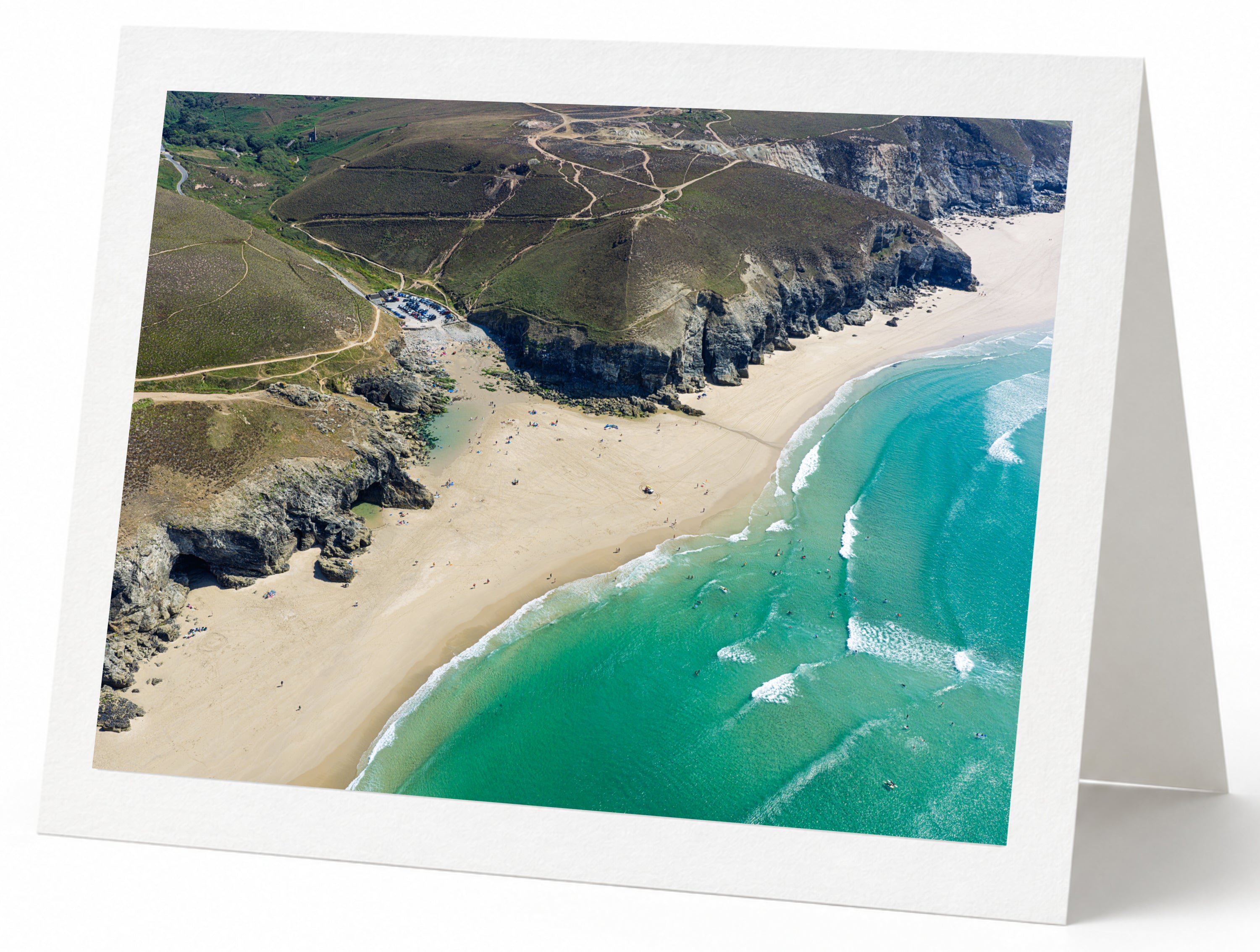 Premium A5 greeting card showing Chapel Porth beach and summer swell at low tide