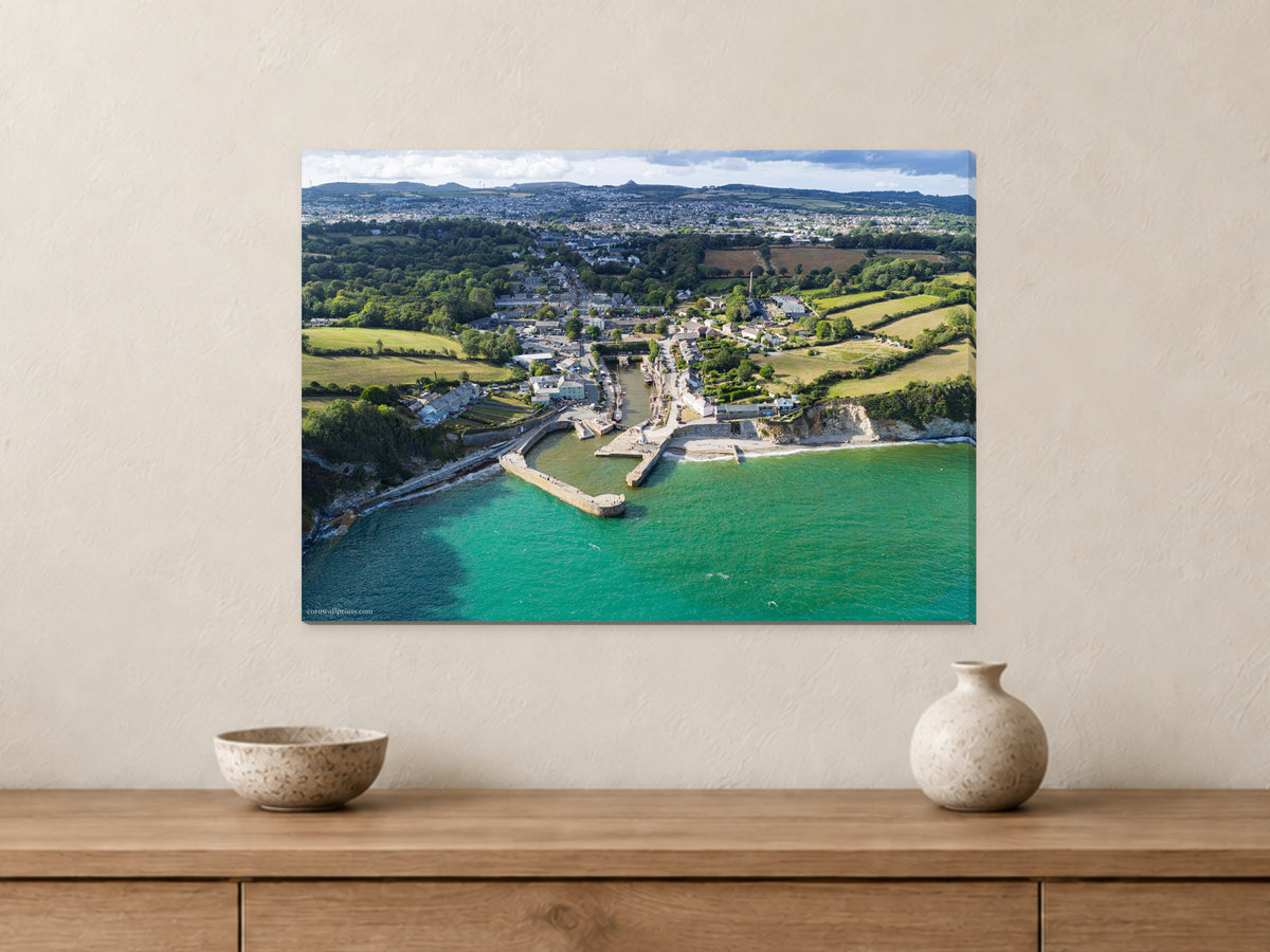 Charlestown Harbour — Looking Inland to St Austell — A2 canvas, 22mm canvas with mirrored edges. Closer product view.