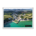 Charlestown fridge magnet showing the harbour’s run-off water against turquoise sea, with the village and St Austell beneath the Sky Tip