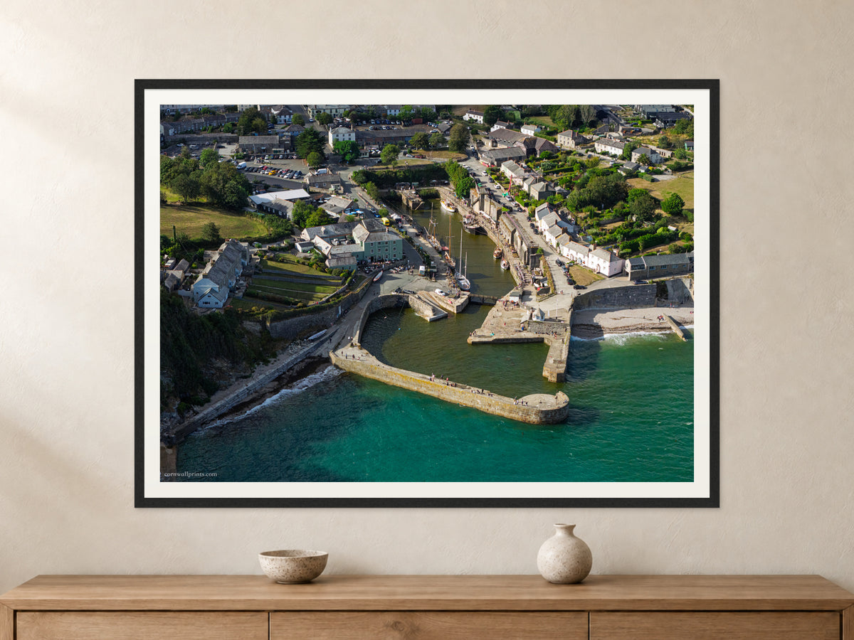 Charlestown Harbour — Tall Ships and Turquoise Sea — A0 framed, 22mm black stained frame and 35mm mount. Closer product view.