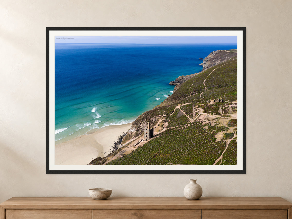 Wheal Coates — Mining History Above the Atlantic — A0 framed, 22mm black stained frame and 35mm mount. Closer product view.