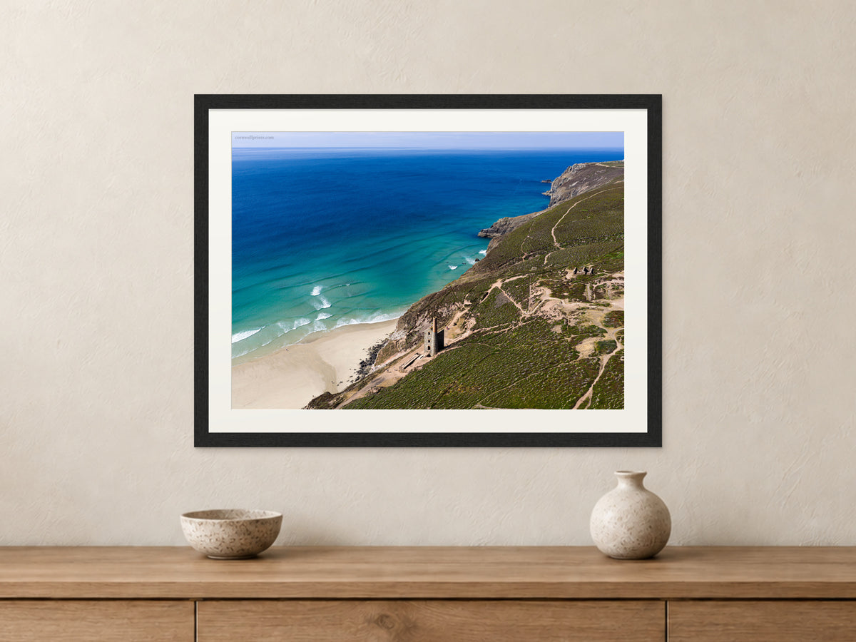 Wheal Coates — Mining History Above the Atlantic — A2 framed, 22mm black stained frame and 35mm mount. Closer product view.