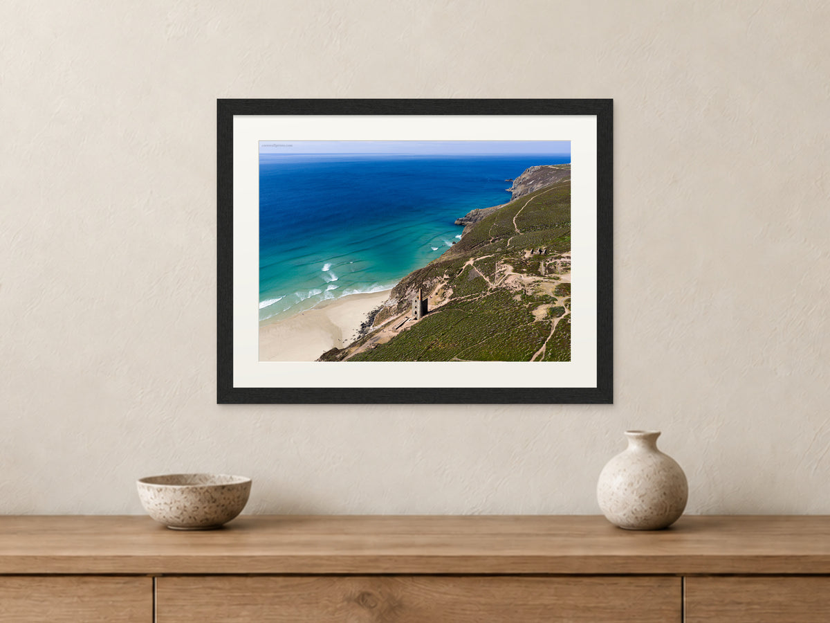 Wheal Coates — Mining History Above the Atlantic — A3 framed, 22mm black stained frame and 35mm mount. Closer product view.
