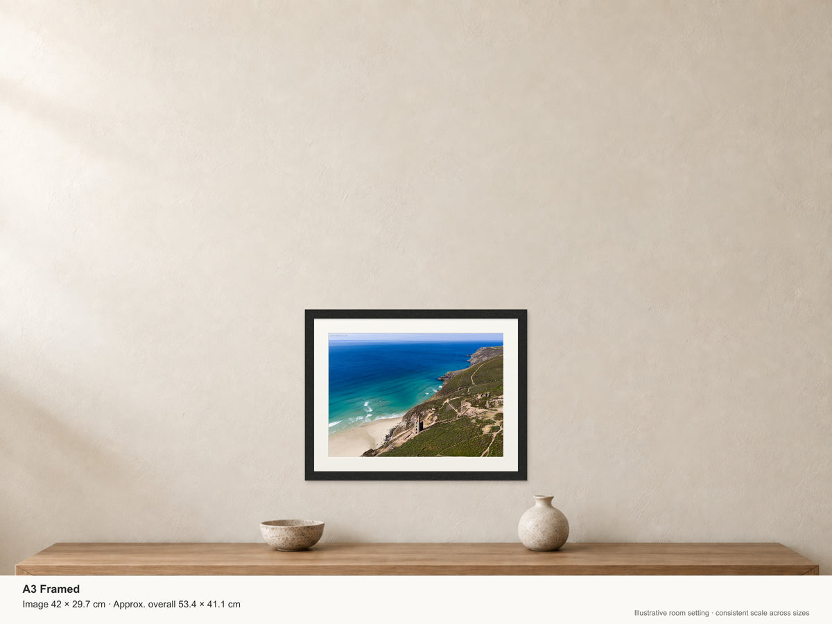 Wheal Coates — Mining History Above the Atlantic — A3 framed, 22mm black stained frame and 35mm mount. Illustrative room scale and dimensions.