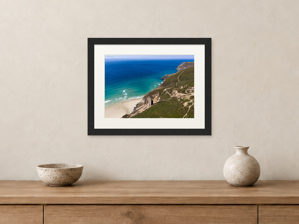 Wheal Coates — Mining History Above the Atlantic — A4 framed, 22mm black stained frame and 35mm mount. Closer product view.
