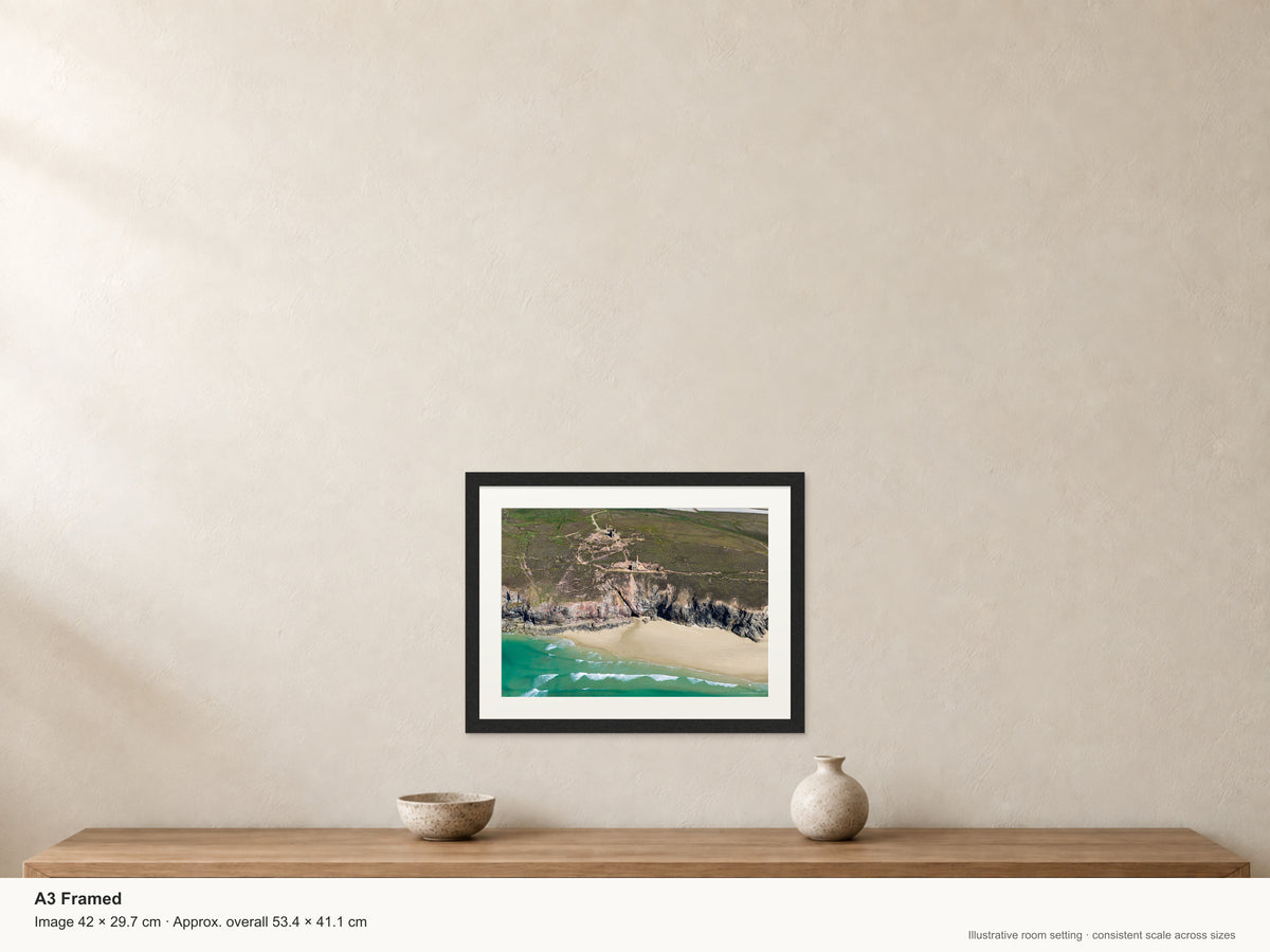 Wheal Coates — Clifftop Mine Above the Sea — A3 framed, 22mm black stained frame and 35mm mount. Illustrative room scale and dimensions.
