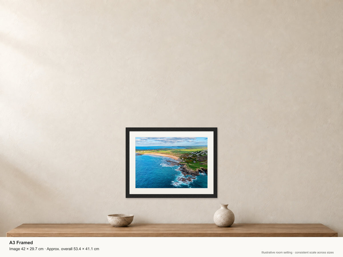 Constantine Reef — South-East View — A3 framed, 22mm black stained frame and 35mm mount. Illustrative room view and dimensions.