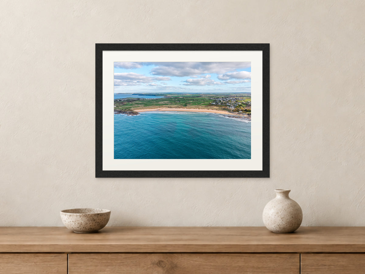 Constantine Bay to Pentire — A3 framed, 22mm black stained frame and 35mm mount. Closer product view.