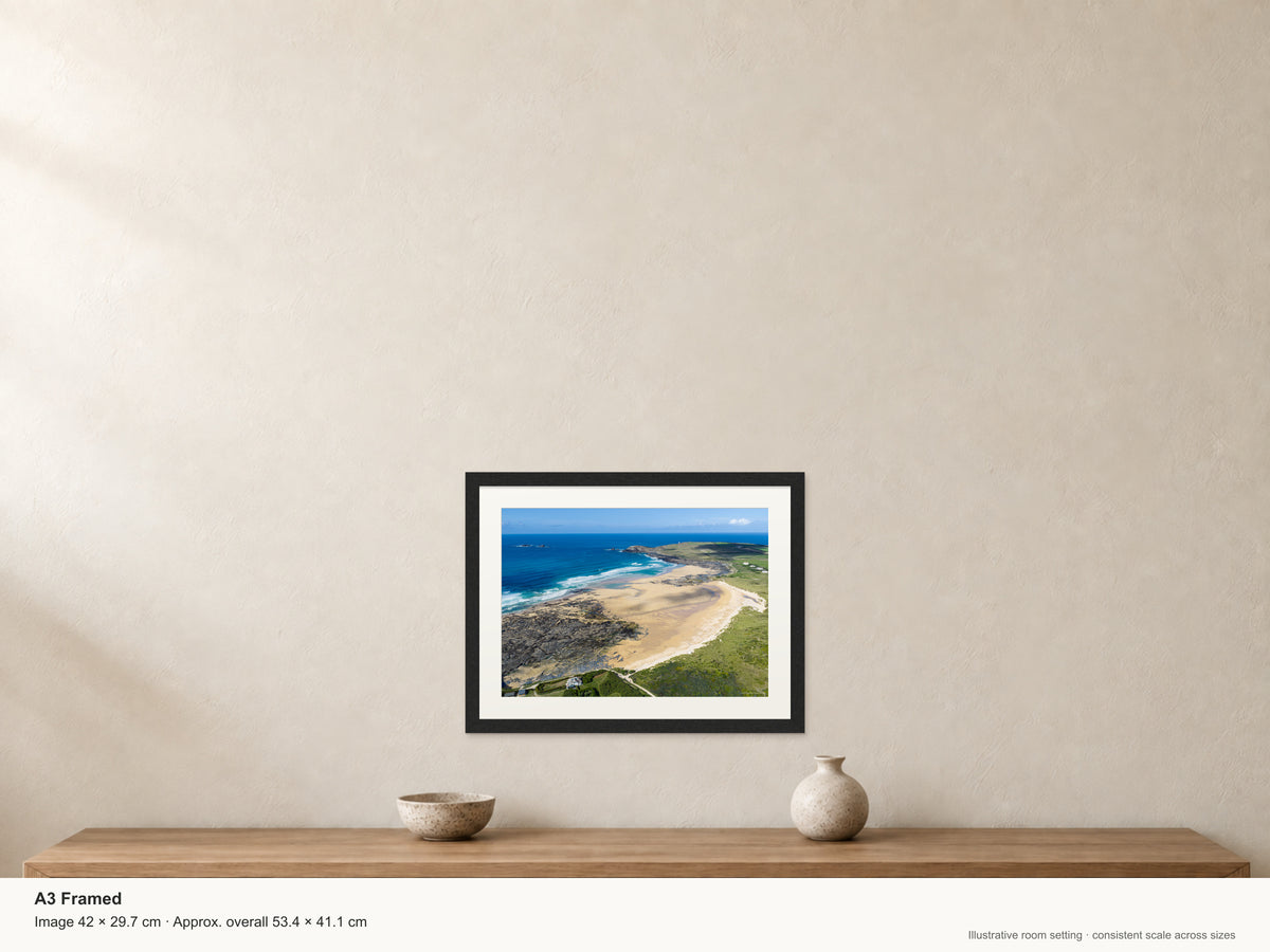 Constantine & Booby’s Bay — Spring Tide and Offshore Swell — A3 framed, 22mm black stained frame and 35mm mount. Illustrative room scale and dimensions.