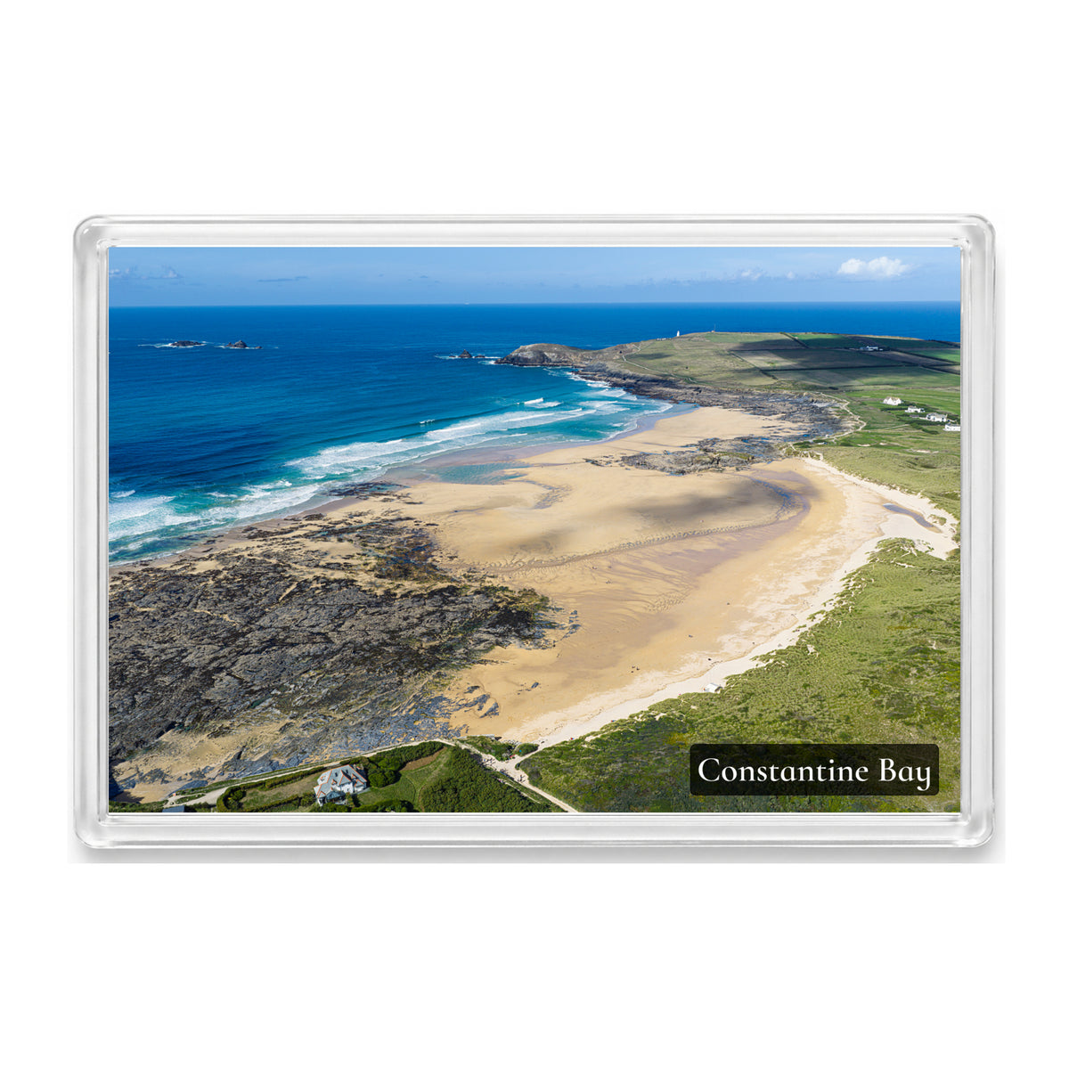 Constantine Bay fridge magnet showing the sands joined to Booby’s Bay at low spring tide, with swell lines and Trevose Head