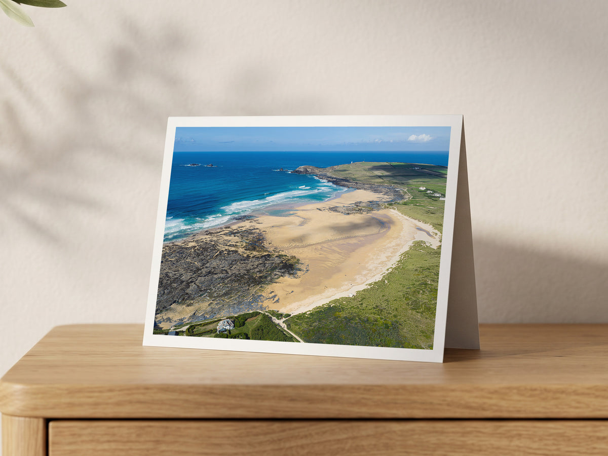 Premium A5 greeting card showing Constantine and Booby’s Bay joined by sand at a spring low tide, looking towards Trevose Head