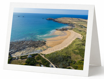 Premium A5 greeting card showing Constantine Bay in evening light towards Trevose Head